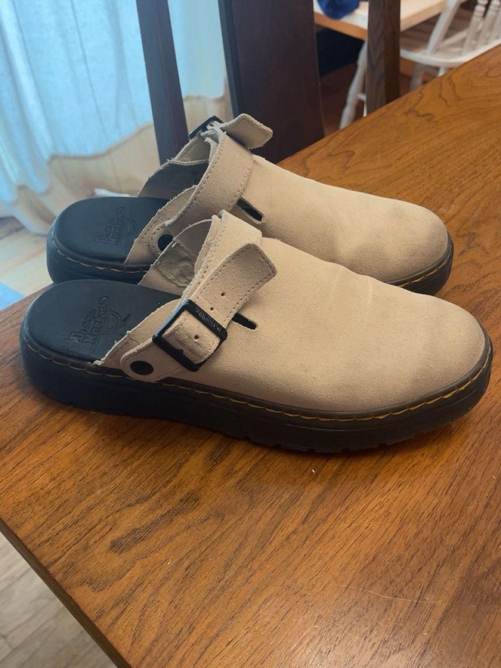 Dr. Martens Cream Suede Slip-On Clog with Black Buckle